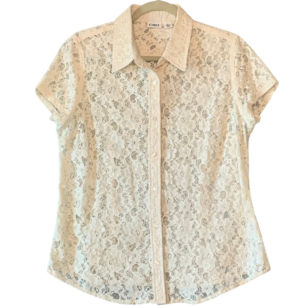 Boho Lace Floral Button Up Ivory Short Sleeve Collared Blouse Top Women's XL - Picture 2 of 8